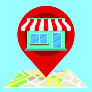 map with location pin and store front clipart 