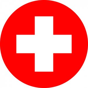 Medic symbol; red circle with white cross in the middle